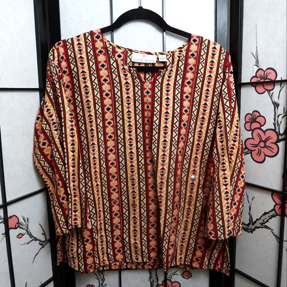 Sacred Threads Orange and Brown 3/4 Sleeve Blouse with Boxy Fit Tribal Design